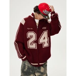Aelfric Eden Burgundy Cream Relaxed Fit Streetwear Jacquard Zip Up Cardigan - XL